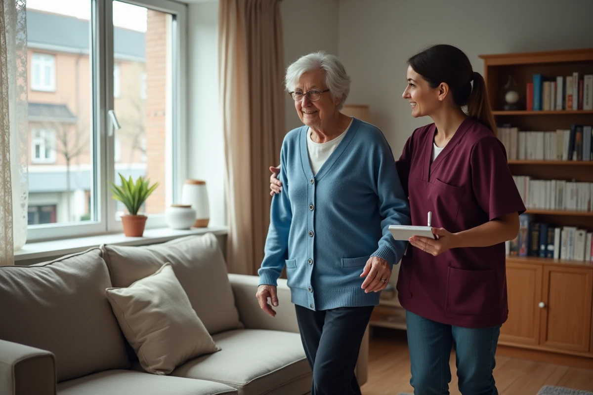 Professionnelle de l'aide à domicile Gestea Senior accompagnant une personne âgée dans son salon à Lille lors de la première visite