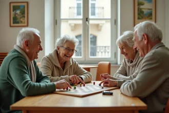 Groupe de seniors parisiens jouant à un jeu de société dans un centre communautaire pour rompre l'isolement social