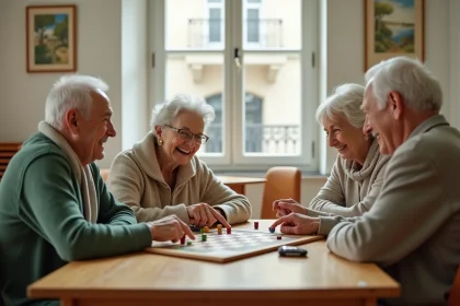 Groupe de seniors parisiens jouant à un jeu de société dans un centre communautaire pour rompre l'isolement social