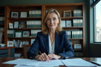 Administratrice scolaire en costume navy dans un bureau moderne