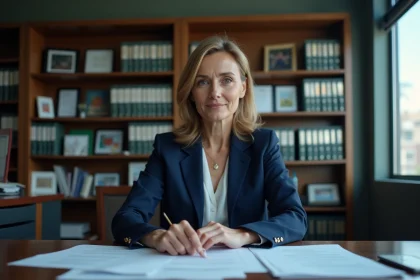 Administratrice scolaire en costume navy dans un bureau moderne