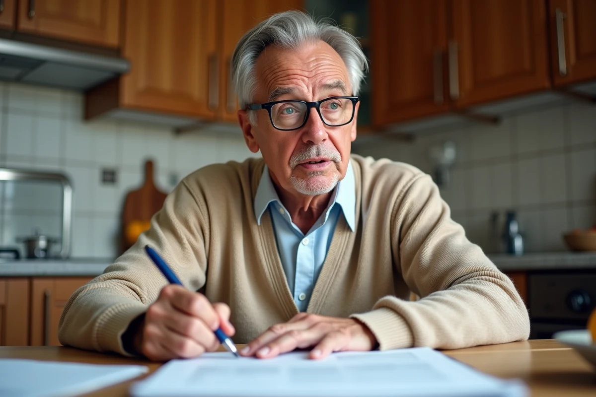 Retraité agent de maîtrise préoccupé par le calcul de ses droits à la retraite en remplissant un formulaire à domicile