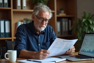 Agent de maîtrise proche de la retraite analysant ses documents de pension avec une expression préoccupée dans un bureau à domicile