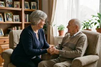 Aidante familiale tenant la main d'un proche âgé à domicile, illustrant le soutien apporté aux personnes en situation d'incapacité entre 50 et 79 pourcent