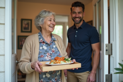 Femme âgée recevant un repas livré par bénévole souriant