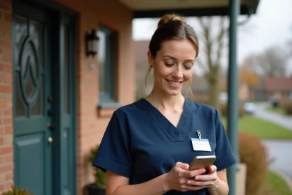 Aide à domicile utilisant une application mobile de suivi d'intervention pour pointer son arrivée chez un client