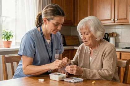 Aide à domicile aidant une personne âgée à prendre ses médicaments dans une cuisine chaleureuse, illustrant le service SAD pour le maintien à domicile