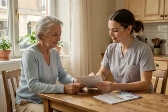 Une aide à domicile professionnelle accompagne une femme senior à Nantes pour un suivi de bien-être à domicile