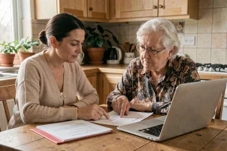 Une femme aidant sa mère âgée à remplir un dossier APA à la table de cuisine, avec des documents administratifs et un ordinateur portable