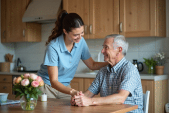 Femme aidant un homme age assis à la cuisine chaleureuse