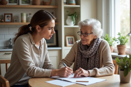 Soutien d'une femme âgée par une aidante dans une cuisine chaleureuse