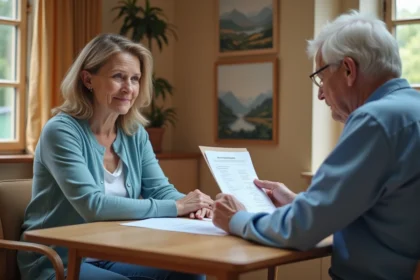 Femme et homme âgé examinent une checklist dans un bureau chaleureux