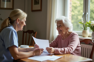 Femme âgée souriante avec aide à domicile à la maison