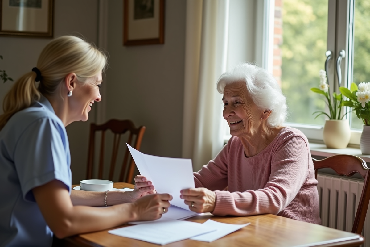 Femme âgée souriante avec aide à domicile à la maison
