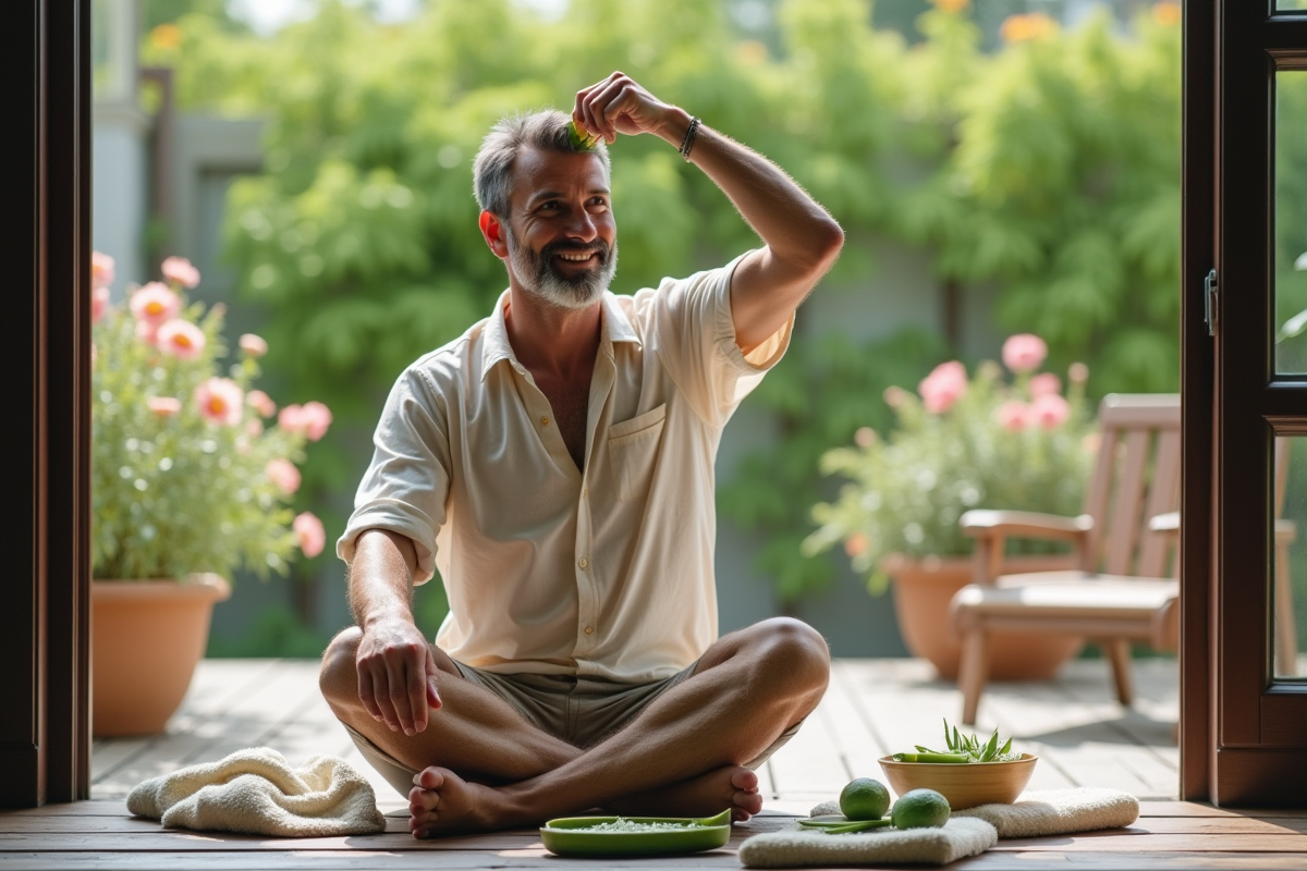 Homme appliquant de l aloe vera sur ses cheveux en extérieur