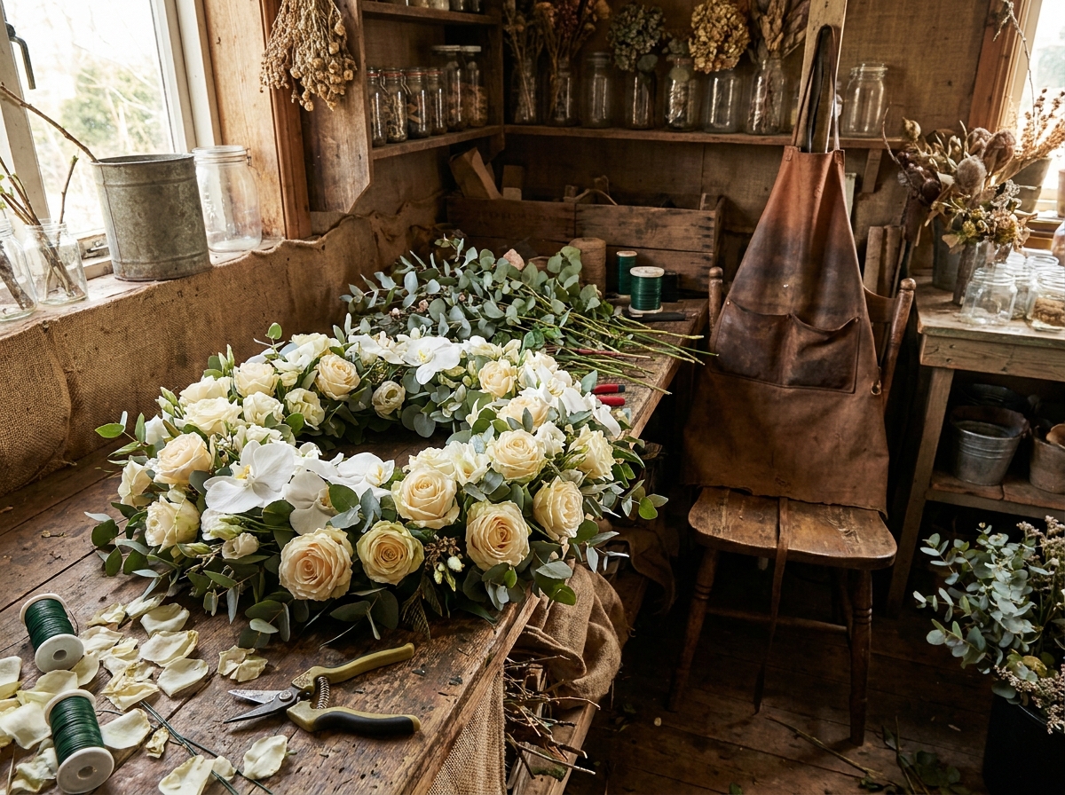 Atelier de fleuriste avec une couronne funéraire en préparation composée de roses blanches et d'eucalyptus pour une cérémonie de deuil