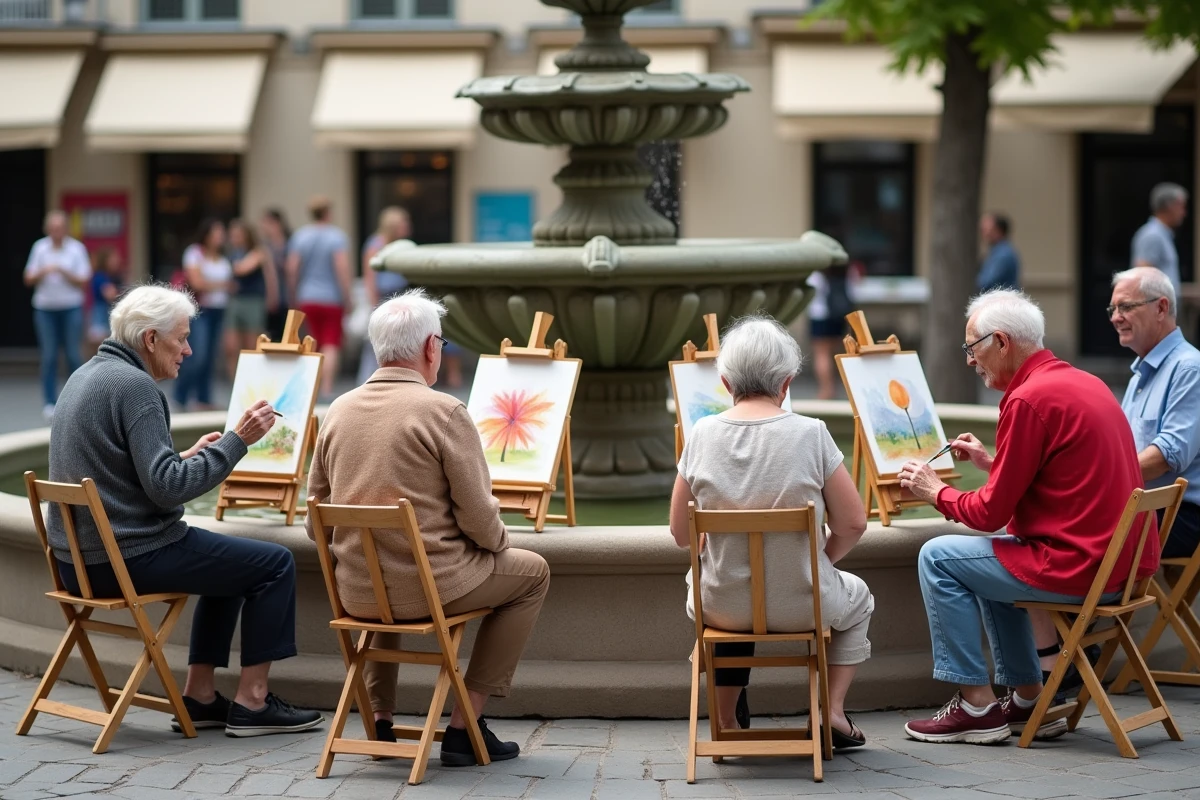 Atelier de peinture aquarelle en plein air pour seniors dans un square parisien, activité gratuite favorisant le lien social