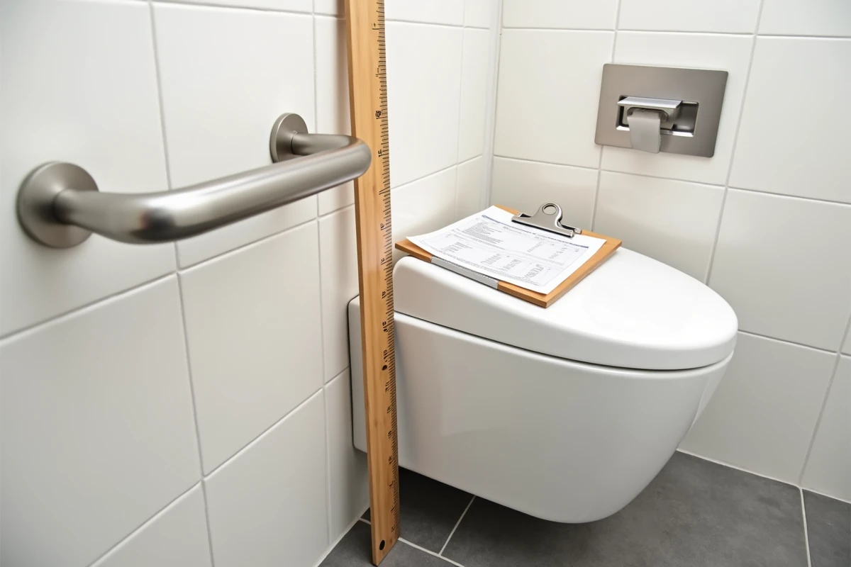 Barre d'appui PMR en inox avec règle de mesure indiquant la hauteur réglementaire depuis le sol fini dans un WC accessible neuf