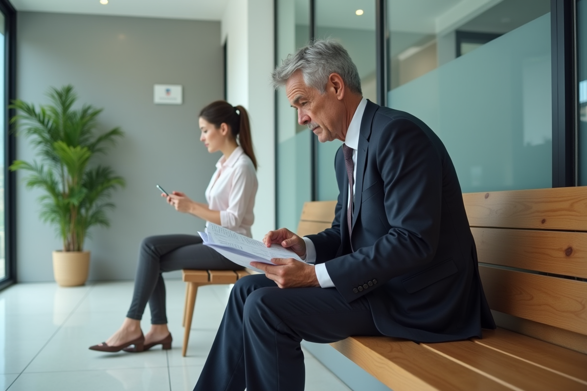 Candidats en attente dans un couloir moderne avant entretien