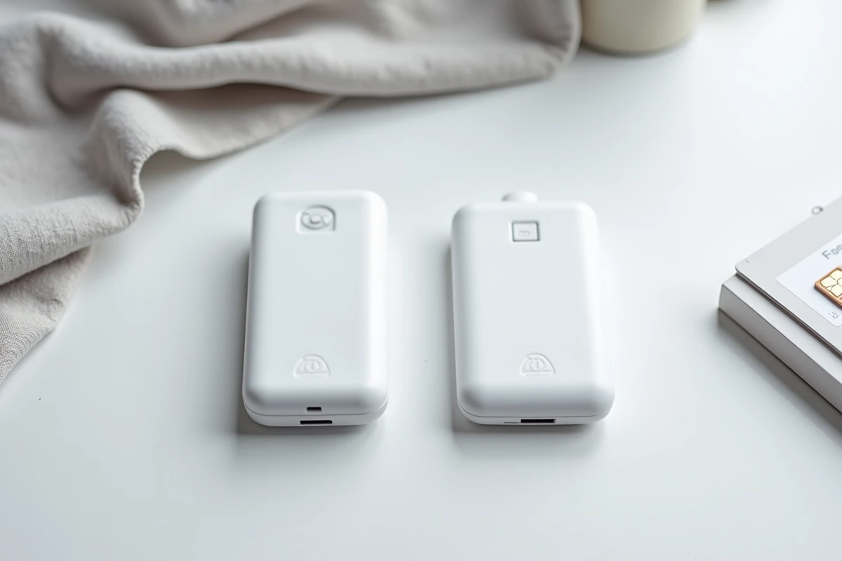 Comparatif de deux traceurs GPS sans abonnement posés côte à côte avec packaging sur fond neutre pour article test