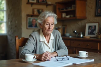 Femme âgée consultant des documents officiels liés à la succession APA à la table de sa cuisine