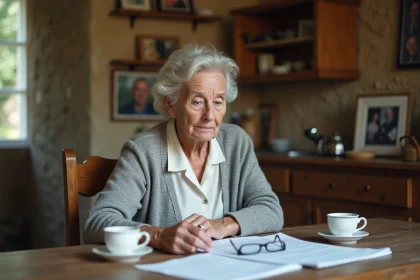 Femme âgée consultant des documents officiels liés à la succession APA à la table de sa cuisine