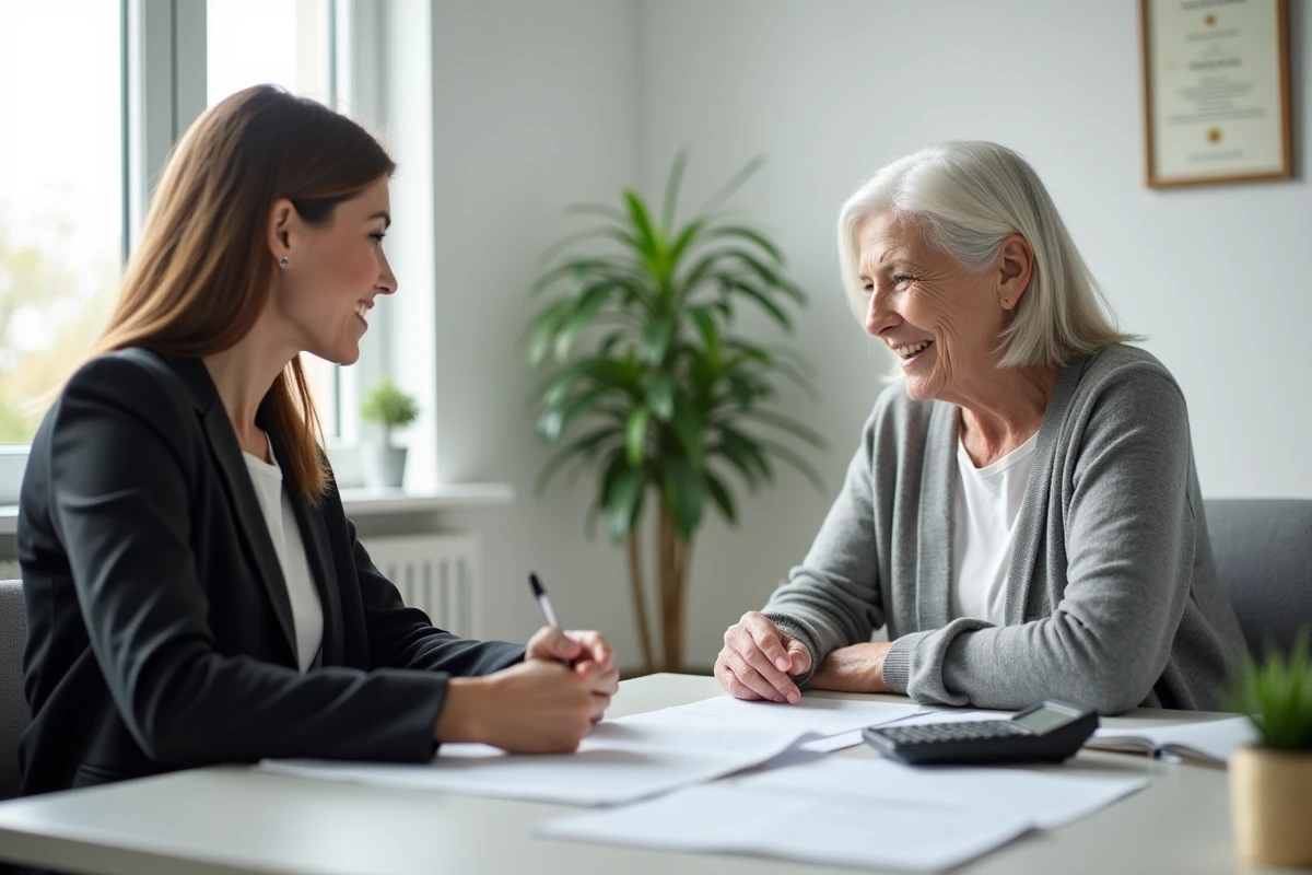 Conseillère fiscale expliquant l'abattement de 10% sur les pensions de retraite à une cliente âgée dans un bureau professionnel