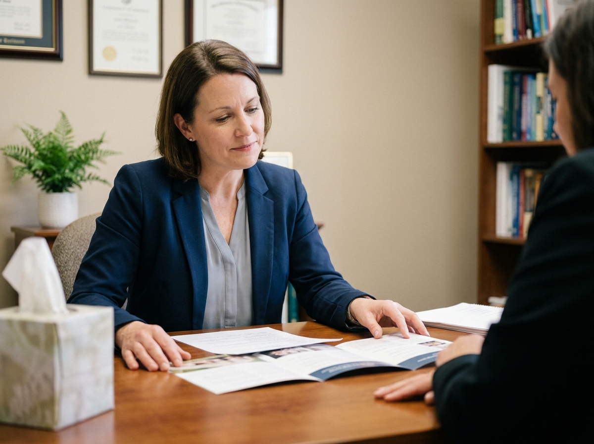 Conseillère en pompes funèbres accompagnant une famille en deuil lors d'un entretien dans un bureau professionnel et chaleureux