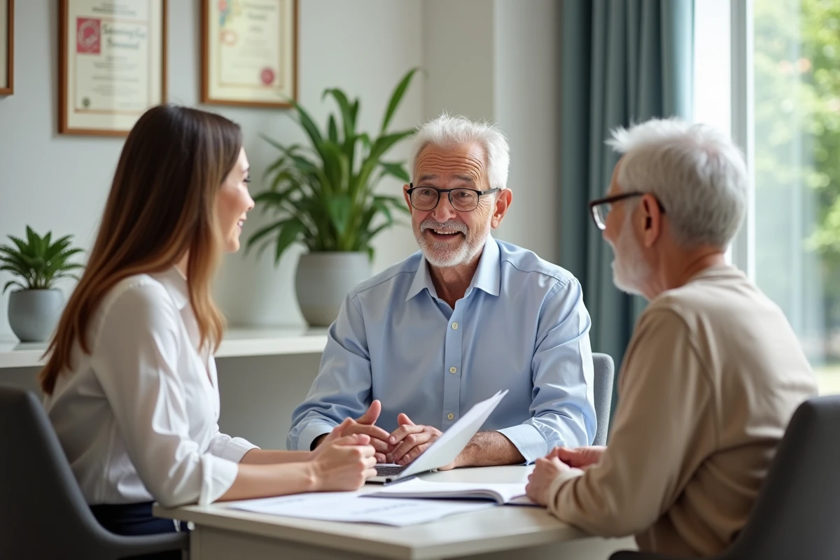 Conseillère accompagnant un couple de retraités dans leur sélection de résidence senior