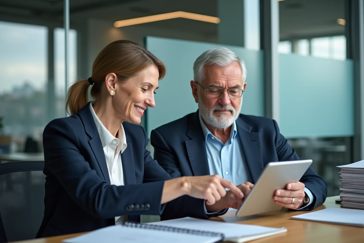 Femme conseillère aide un homme avec son portail pension