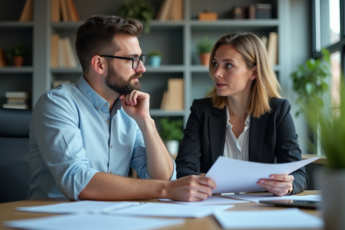Un jeune homme et une femme en discussion dans un bureau moderne