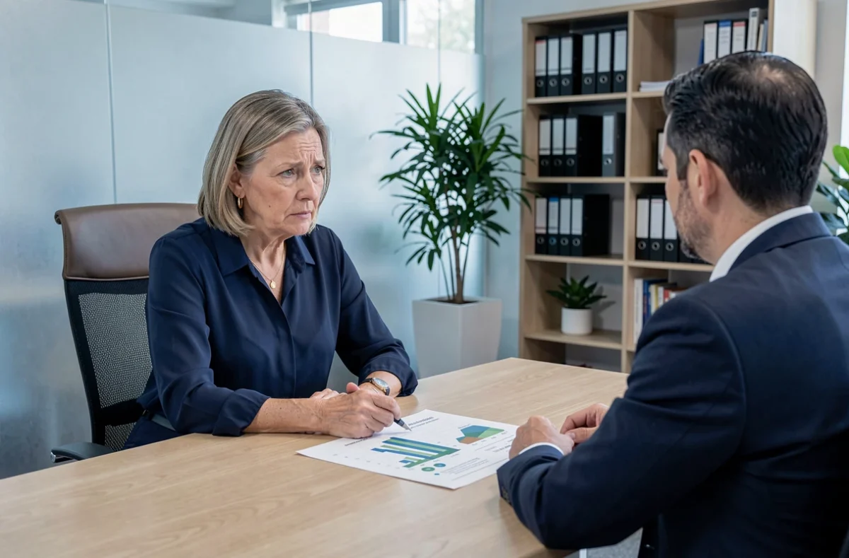 Femme retraitée en consultation avec un conseiller financier au sujet de la baisse de sa pension