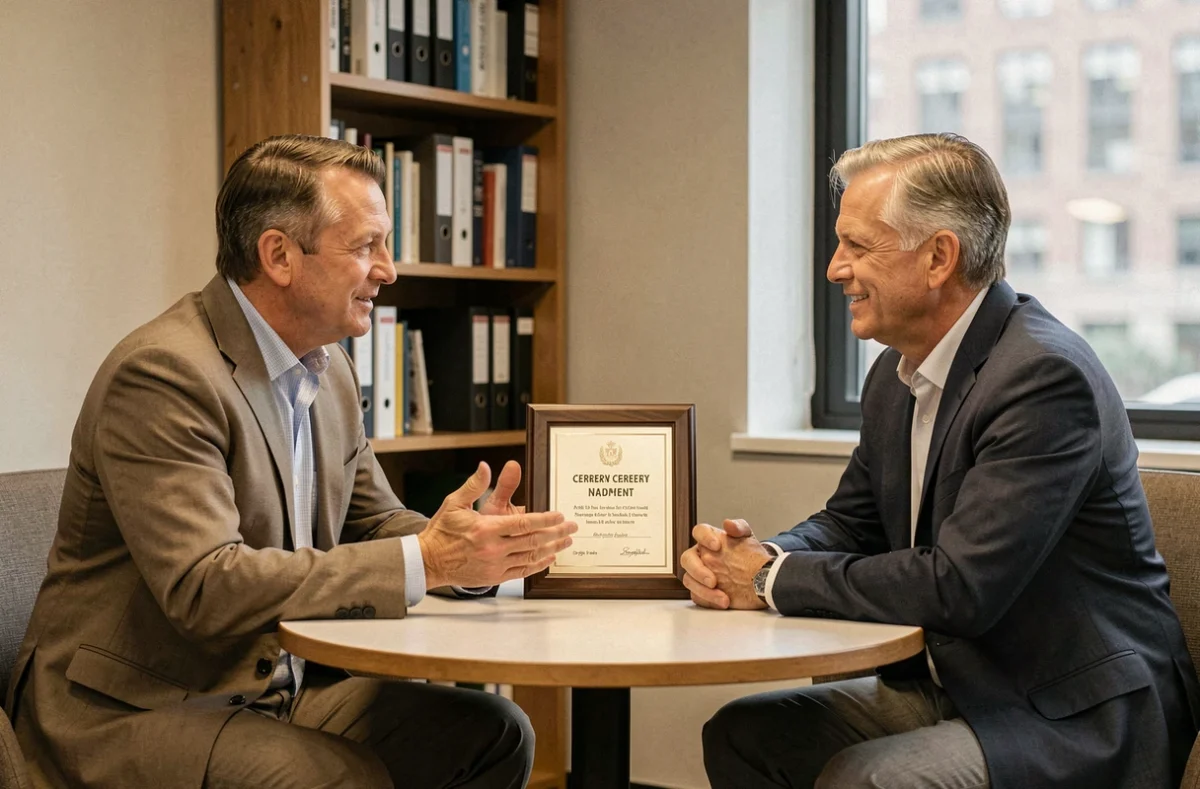 Deux collègues masculins en discussion sincère autour d'une plaque de reconnaissance lors d'un départ en retraite dans un salon d'entreprise