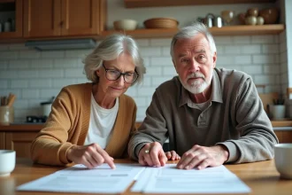 Un couple mature passe en revue ensemble les garanties de leur contrat d'assurance prévoyance à la maison