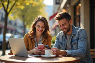 Jeune couple souriant avec smartphones au café en plein air