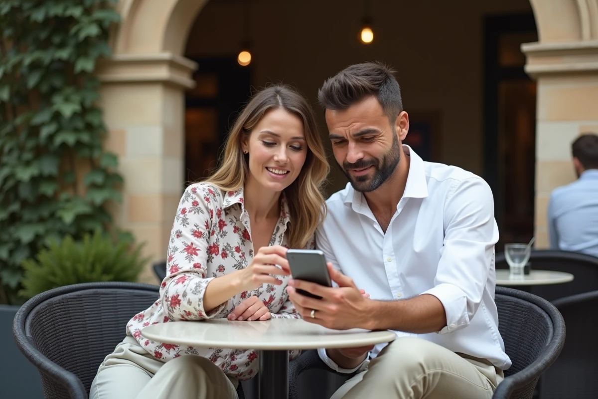 Couple consultant une application mobile pour planifier leurs sorties Quintonic à Lyon en terrasse de café