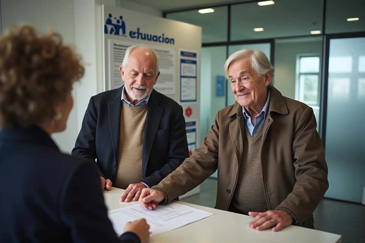 Couple retraité remettant des papiers à un agent administratif