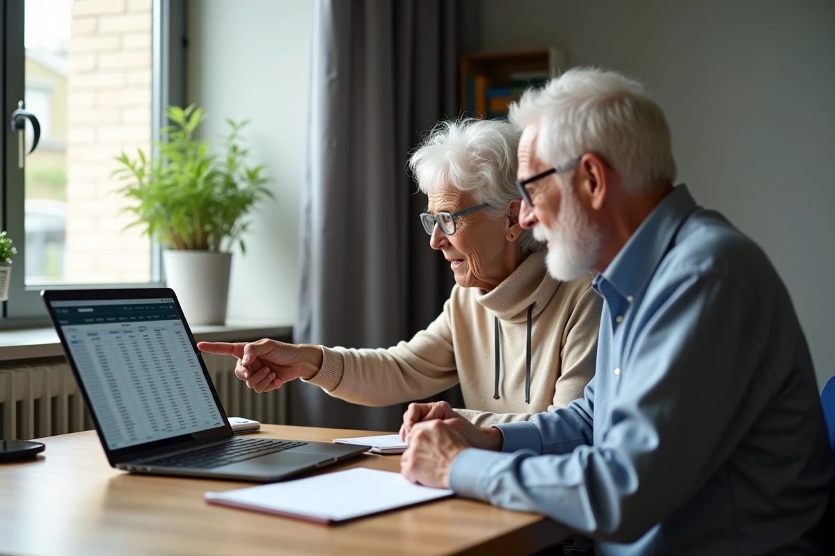 Couple de retraités consultant ensemble leurs informations fiscales sur un ordinateur portable pour comprendre leur abattement