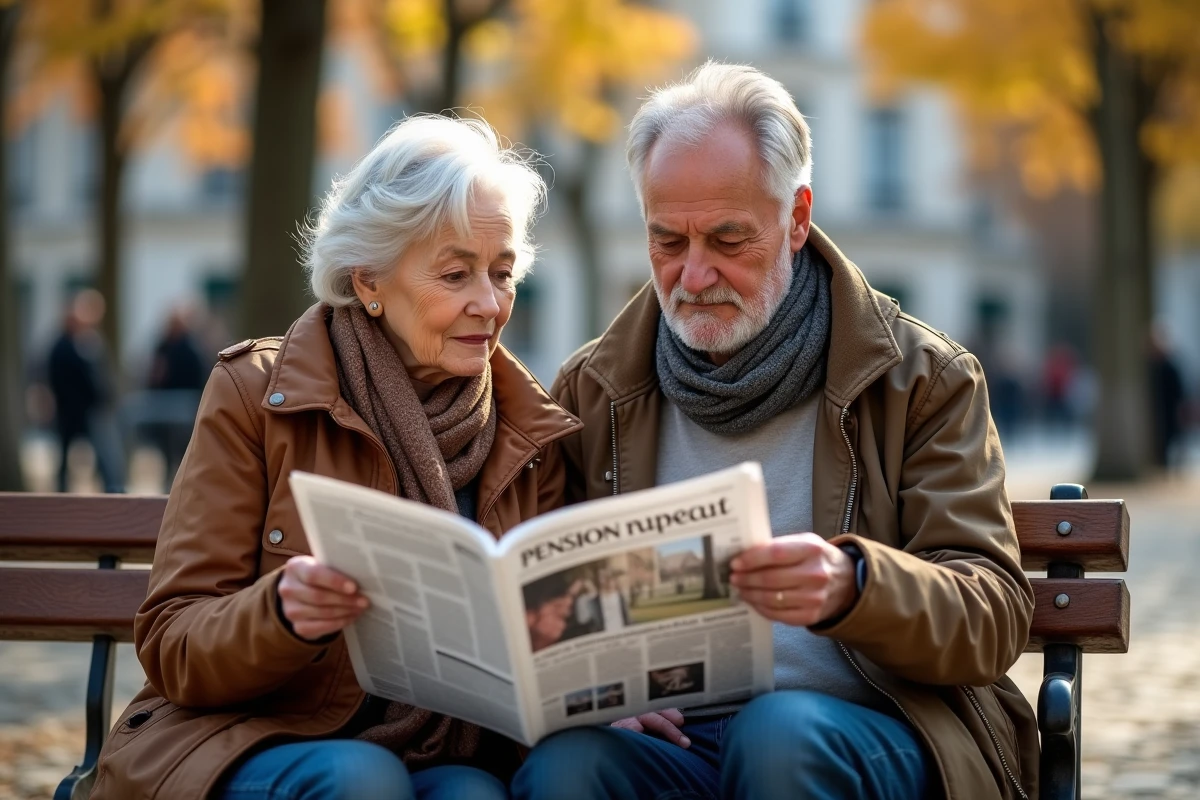 Couple de retraités discutant des nouvelles de la revalorisation des retraites 2026 sur un banc dans une place publique française