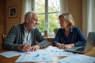 Couple de retraités étudiant leurs documents de pension Agirc-Arrco à la table de leur cuisine