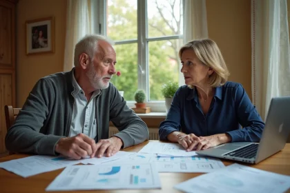 Couple de retraités étudiant leurs documents de pension Agirc-Arrco à la table de leur cuisine