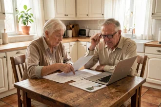 Couple de retraités consultant des documents sur leur retraite à la maison