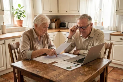 Couple de retraités consultant des documents sur leur retraite à la maison