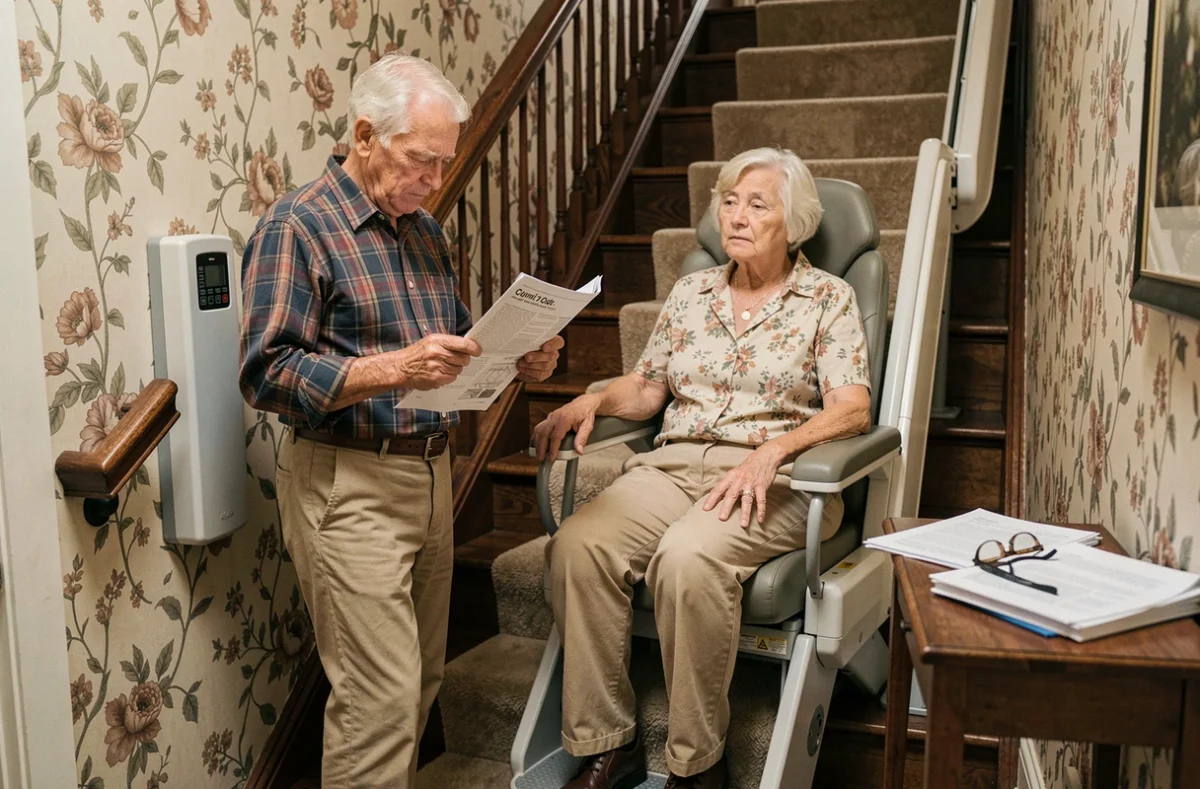 Couple de retraités consultant une notice d'installation devant un monte-escalier mal positionné