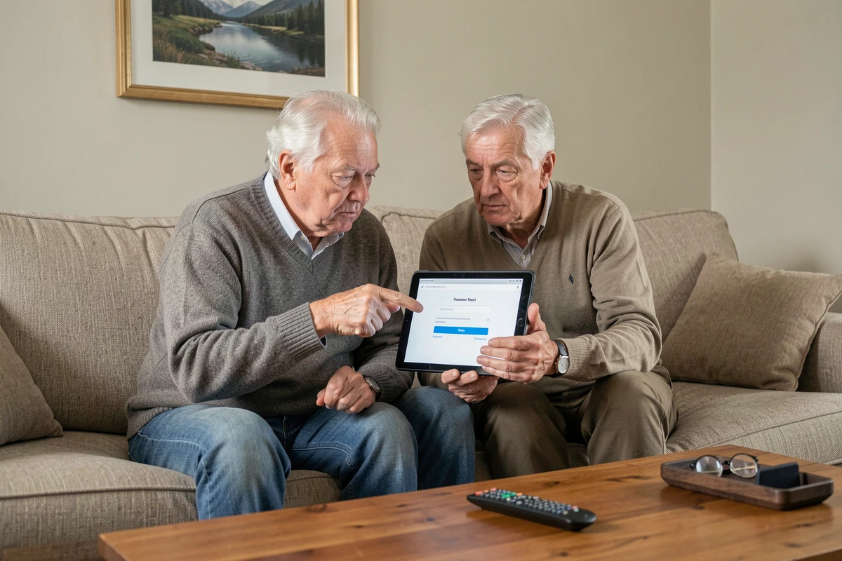 Couple de retraités SNCF consultant ensemble la procédure de récupération de mot de passe de l'Agence Famille sur une tablette