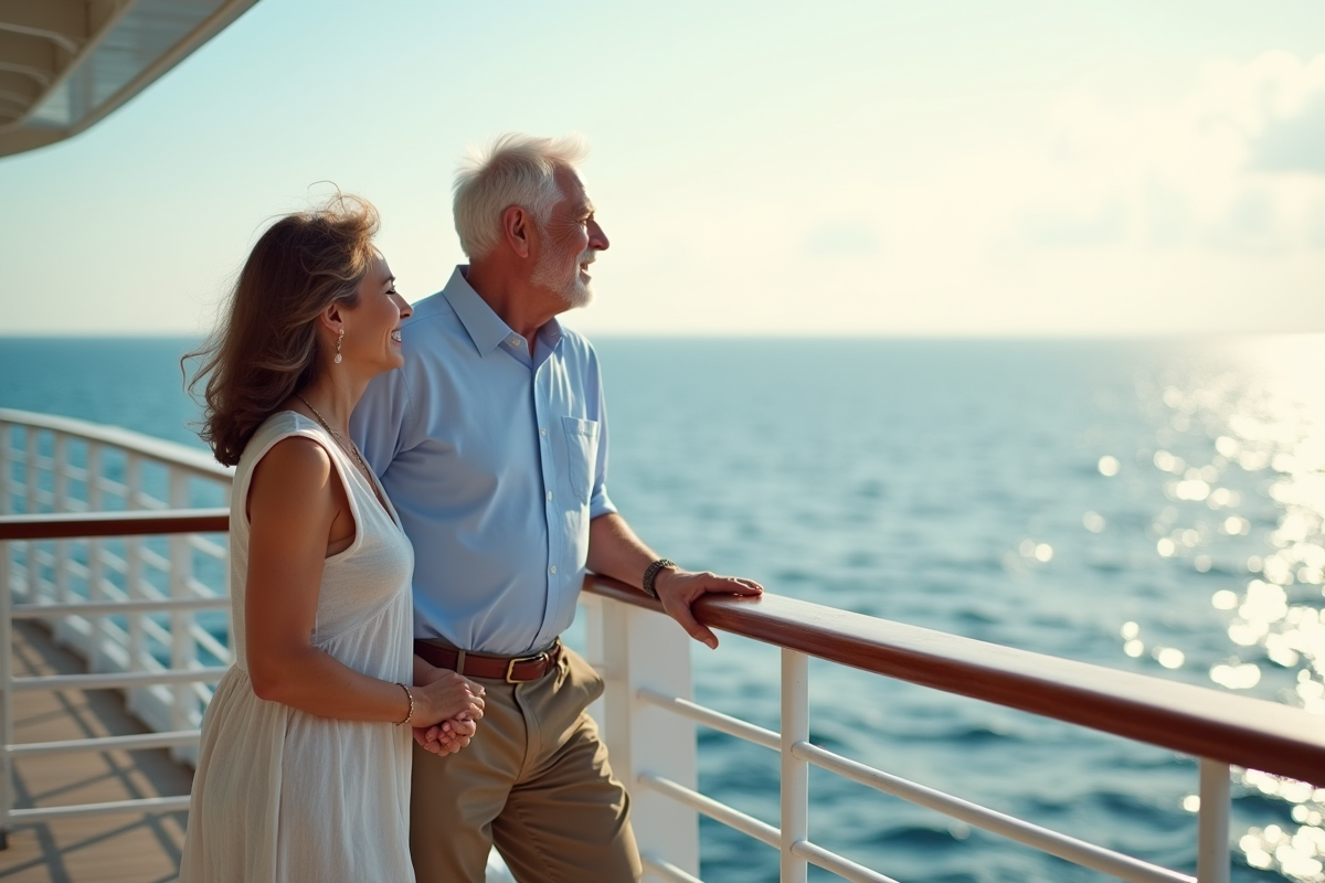 Couple senior souriant sur le pont d'une croisiere