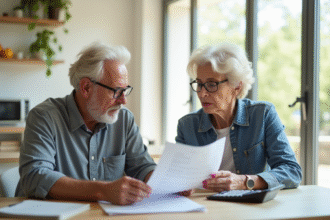 Couple senior planifiant leur pension à la maison