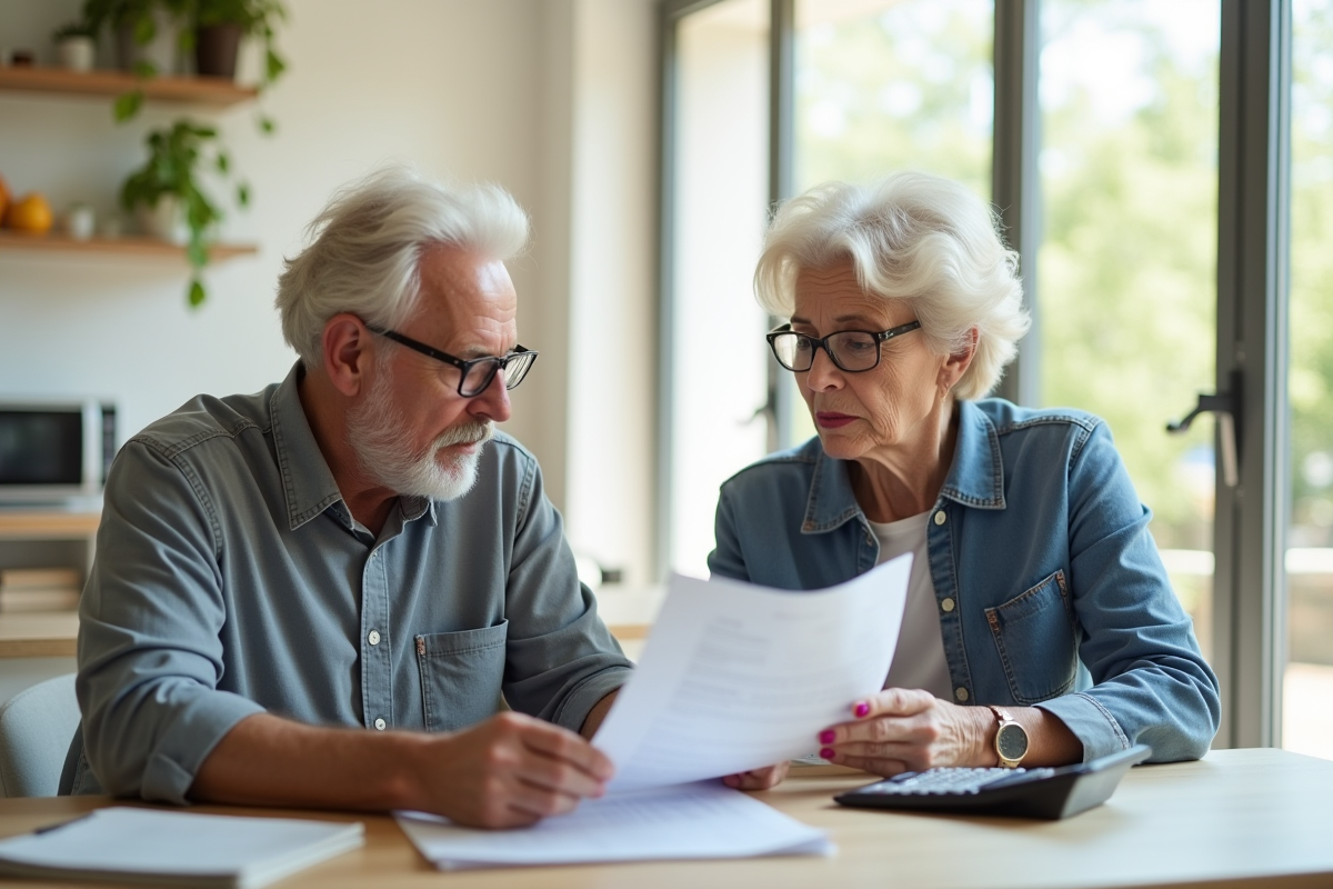 Couple senior planifiant leur pension à la maison