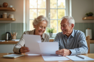 Couple senior souriant examinant documents de sante
