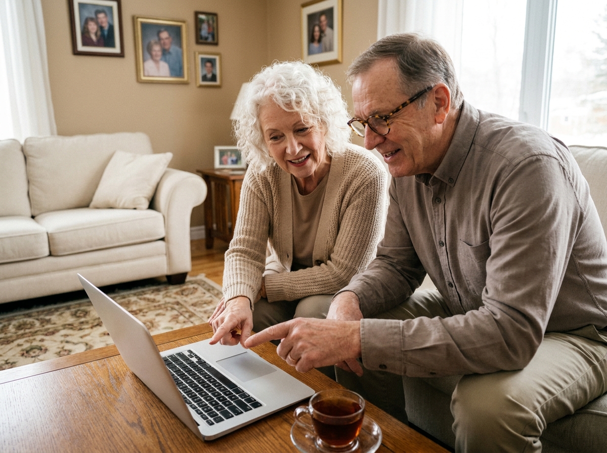 Un couple de seniors discutant ensemble des offres pour seniors sur un ordinateur portable dans leur salon